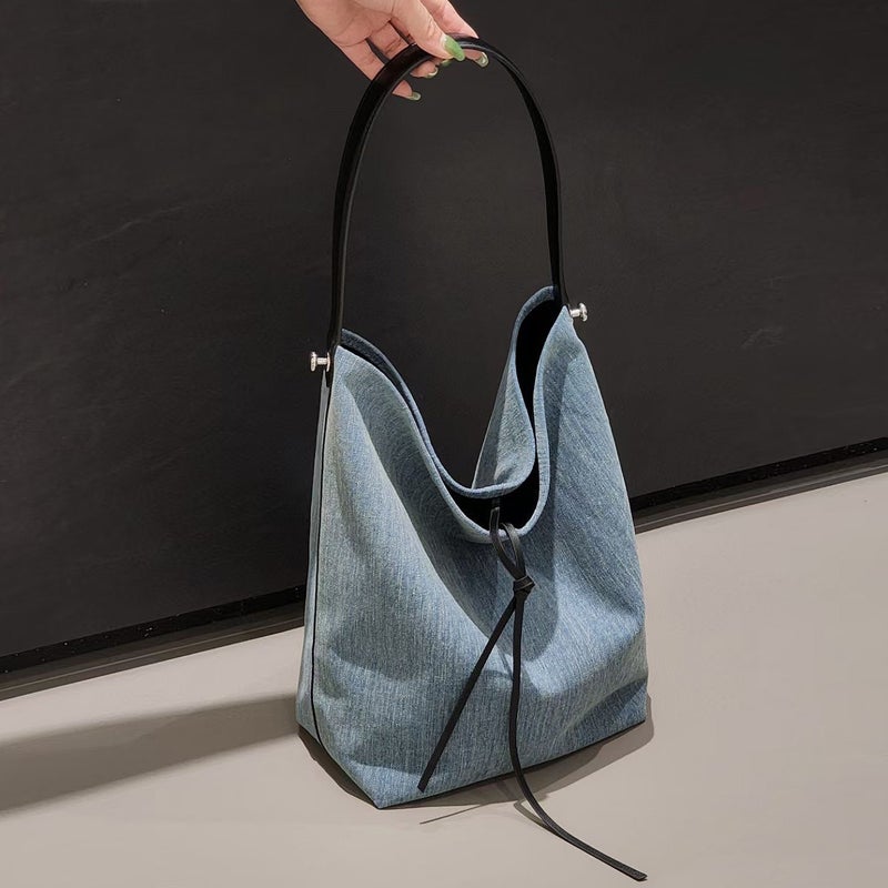 Denim With Cowhide Bucket Bag Large Capacity Tote Bag Shoulder Underarm Bag Commuter Niche All-Match New Women'S Bag - Image 2