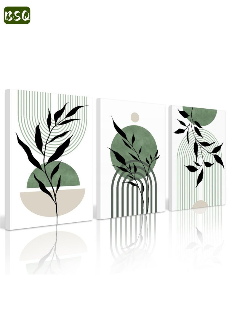 BSQ 3-Piece Framed Canvas Wall Art Set, Stretched over Wooden Frames | Artistic Wall Decor | Bohemian Botanical Art for the Living Room | Teak Green | An Ideal Choice for Decorating Your Living Room, Home, or Office - Image 1