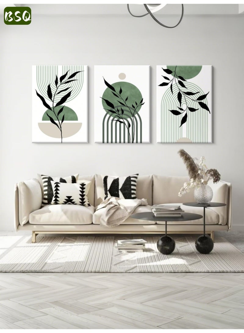 BSQ 3-Piece Framed Canvas Wall Art Set, Stretched over Wooden Frames | Artistic Wall Decor | Bohemian Botanical Art for the Living Room | Teak Green | An Ideal Choice for Decorating Your Living Room, Home, or Office - Image 3