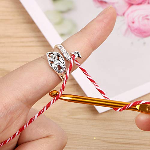 MIKIMIQI 2 Pack Adjustable Knitting Loop Crochet Loop Yarn Guide Finger Holder Ring Knitting Accessories Peacock Open Finger Ring Adjustable Braided Ring for Faster Knitting, 2 Styles - Image 5
