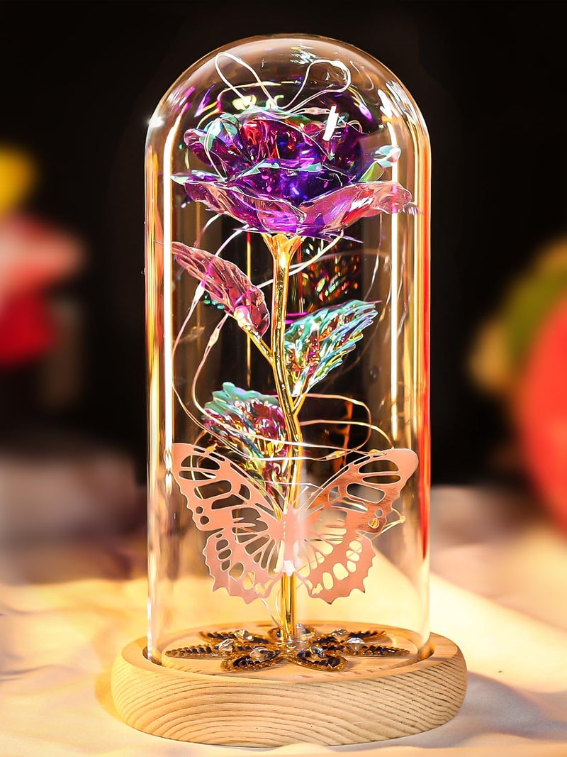 Birthday Gifts for Women Mom Galaxy Glass Rose Forever Preserved Flowers for Delivery Prime Artificial Eternal Rose in Glass Dome Mothers Day Moms Gift for Grandma Wife Daughter Purple