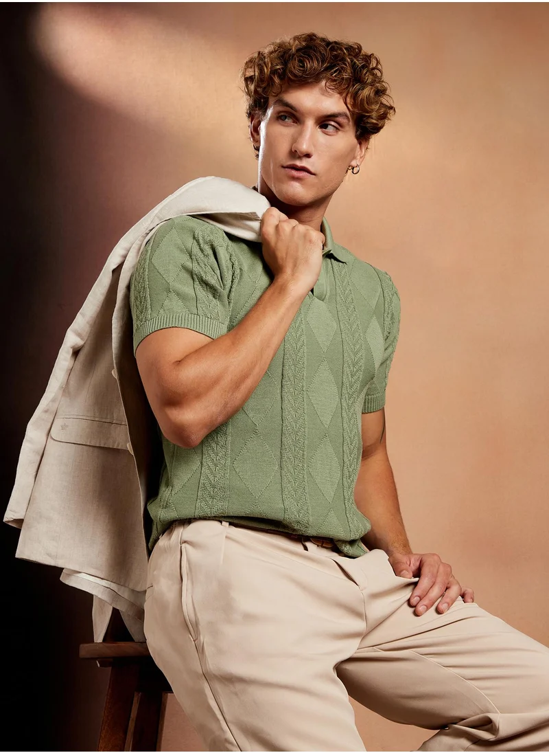 Campus Sutra Campus Sutra Men's Pistachio Green Argyle-Tactile Polo T-Shirt For Casual Wear | Polo Neck | Short Regular Sleeves | Half-Button Closure | T-Shirt Crafted With Comfort Fit For Everyday Wear