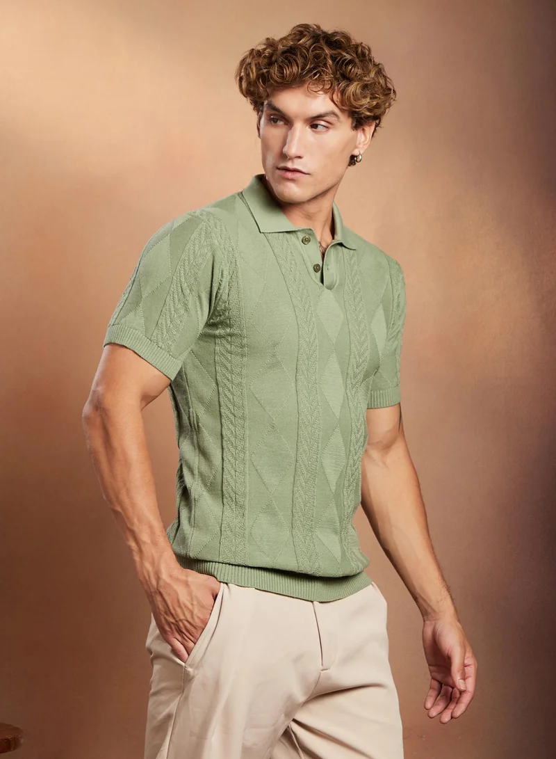 Campus Sutra Campus Sutra Men's Pistachio Green Argyle-Tactile Polo T-Shirt For Casual Wear | Polo Neck | Short Regular Sleeves | Half-Button Closure | T-Shirt Crafted With Comfort Fit For Everyday Wear