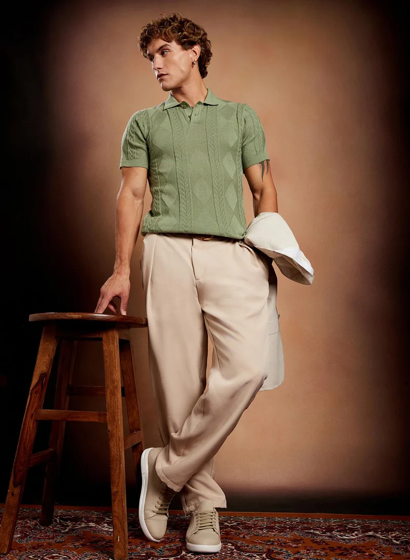 Campus Sutra Campus Sutra Men's Pistachio Green Argyle-Tactile Polo T-Shirt For Casual Wear | Polo Neck | Short Regular Sleeves | Half-Button Closure | T-Shirt Crafted With Comfort Fit For Everyday Wear