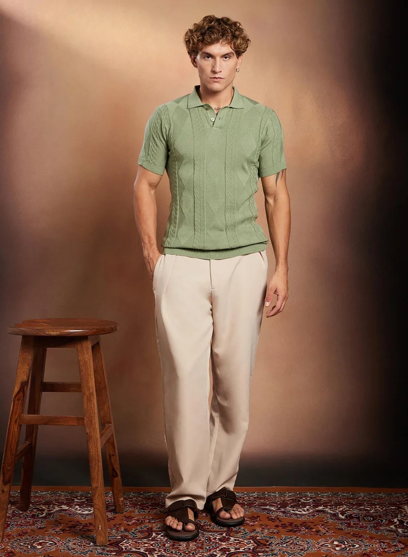 Campus Sutra Campus Sutra Men's Pistachio Green Argyle-Tactile Polo T-Shirt For Casual Wear | Polo Neck | Short Regular Sleeves | Half-Button Closure | T-Shirt Crafted With Comfort Fit For Everyday Wear