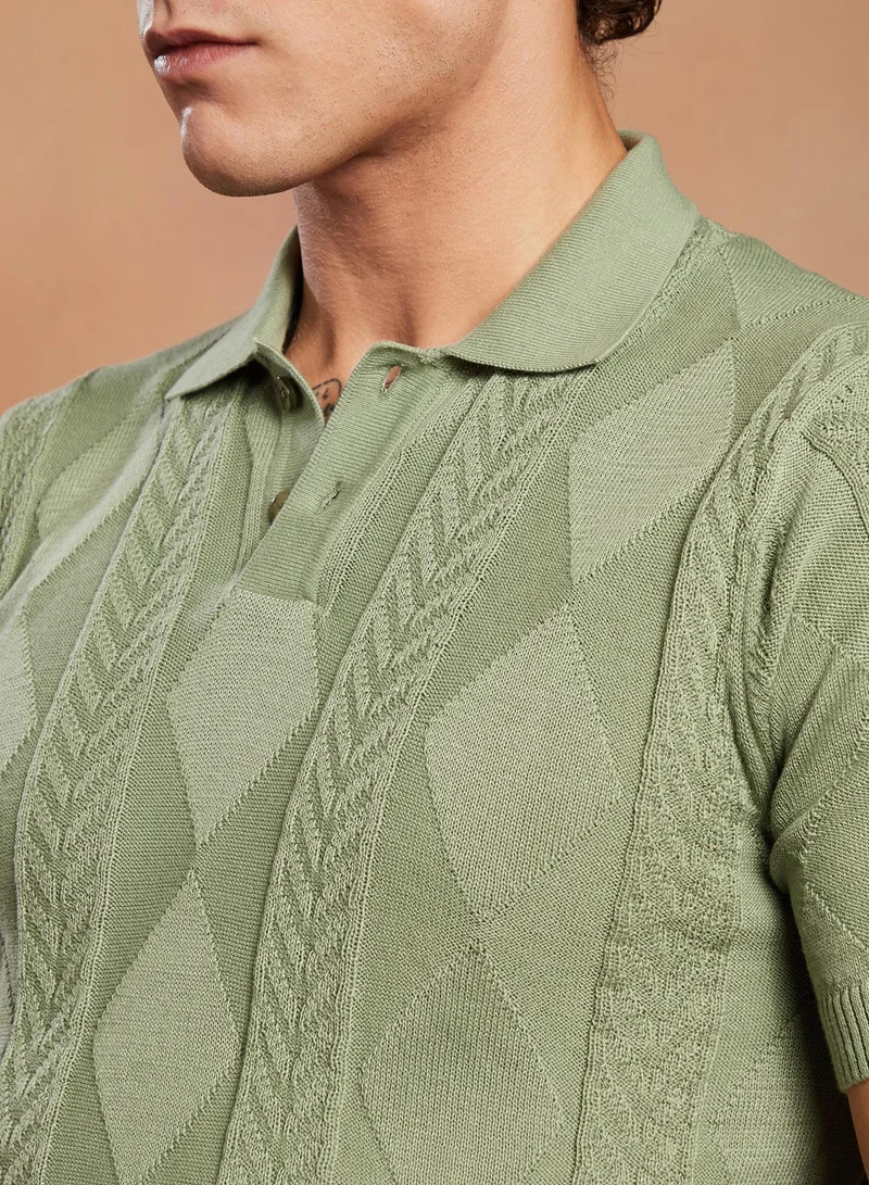 Campus Sutra Campus Sutra Men's Pistachio Green Argyle-Tactile Polo T-Shirt For Casual Wear | Polo Neck | Short Regular Sleeves | Half-Button Closure | T-Shirt Crafted With Comfort Fit For Everyday Wear