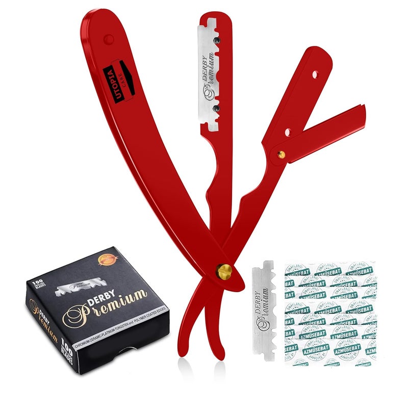 Utopia Care Professional Straight Razor for Men, Barber Straight Edge Razor Safety with 100 Pack Blades, Red - Image 1
