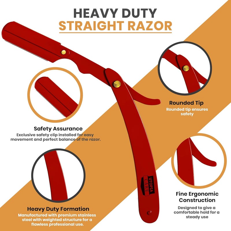 Utopia Care Professional Straight Razor for Men, Barber Straight Edge Razor Safety with 100 Pack Blades, Red - Image 3