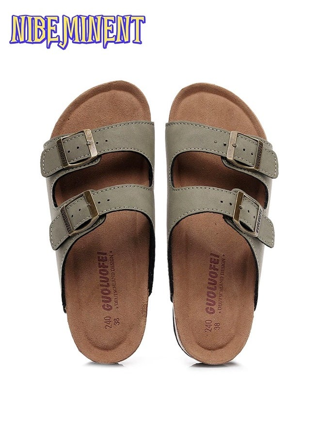 NIBEMINENT - Cork Slippers for Men and Women with Double Row Belt Buckle Sandals, Beach Shoes, Haken Shoes Dark Green - Image 1