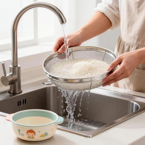 DOPMEP Fine Mesh Strainer for Kitchen, Stainless Steel Colander Bowl for Pasta, Rice, Fruit, Metal Net Baskets with Resting Base - Strain, Drain, Rinse (Diameter 9.84 inch) - Image 5