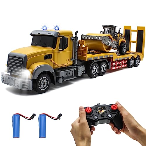 Fistone RC Semi Truck with Trailer 124 RC SemiTrailer Engineering Tractor with Sound and Lights 24Ghz Remote Control Flatbed Truck with Road Roller Toys Construction Vehicles Toy for Boys - Image 1
