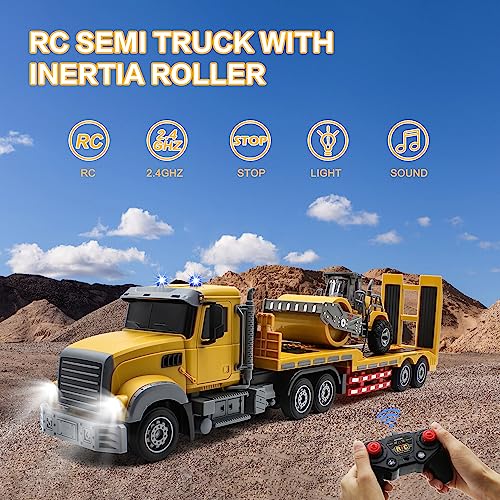 Fistone RC Semi Truck with Trailer 124 RC SemiTrailer Engineering Tractor with Sound and Lights 24Ghz Remote Control Flatbed Truck with Road Roller Toys Construction Vehicles Toy for Boys - Image 5