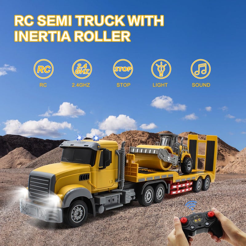 Fistone RC Semi Truck with Trailer 124 RC SemiTrailer Engineering Tractor with Sound and Lights 24Ghz Remote Control Flatbed Truck with Road Roller Toys Construction Vehicles Toy for Boys - Image 3