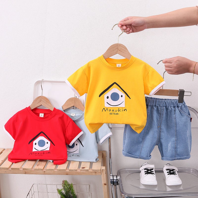 2023 Children's Wear Summer New Boys' Baby Cartoon Big Nose House Short-sleeved Denim Shorts Two-piece Fashionable - Image 5