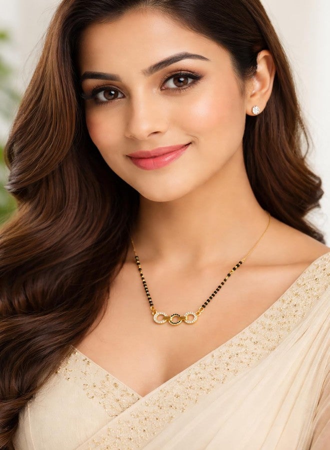 VIEN Gold Plated Mangalsutra Necklace for Women with Black Beads & CZ Studded Circular Pendant, Stylish Daily Wear Short Mangalsutra Chain Jewellery Gift for Wife - Image 2