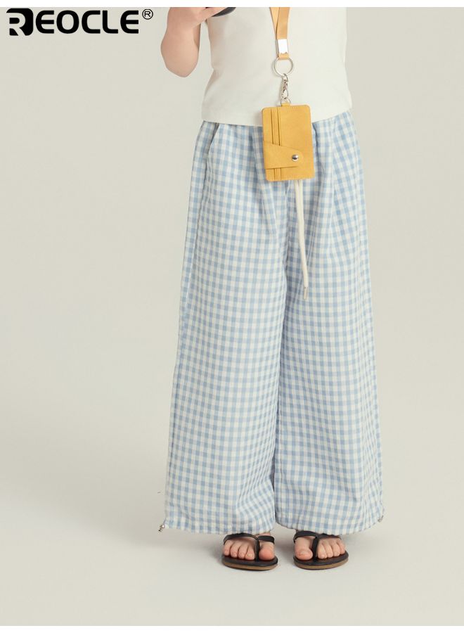 ريوكل سروال واسع الأرجل للبنات مع قصة فضفاضة ونسيج قطن مختلط، سروال بالتسوق مع خصر  مرن لارتداء غير رسمي على الشاطئ - Image 1