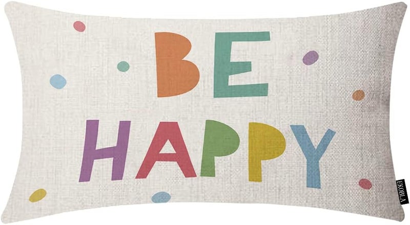 EKOBLA Be Happy Home Decorative Rectangle Pillow Cases Colorful Dots Cheerful Typography Lumbar Cotton Linen Throw Pillow Covers Cushion Case Rectangle Oblong 12x20 Inches - Image 1