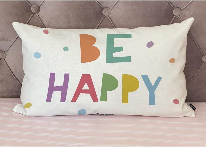 EKOBLA Be Happy Home Decorative Rectangle Pillow Cases Colorful Dots Cheerful Typography Lumbar Cotton Linen Throw Pillow Covers Cushion Case Rectangle Oblong 12x20 Inches - Image 4