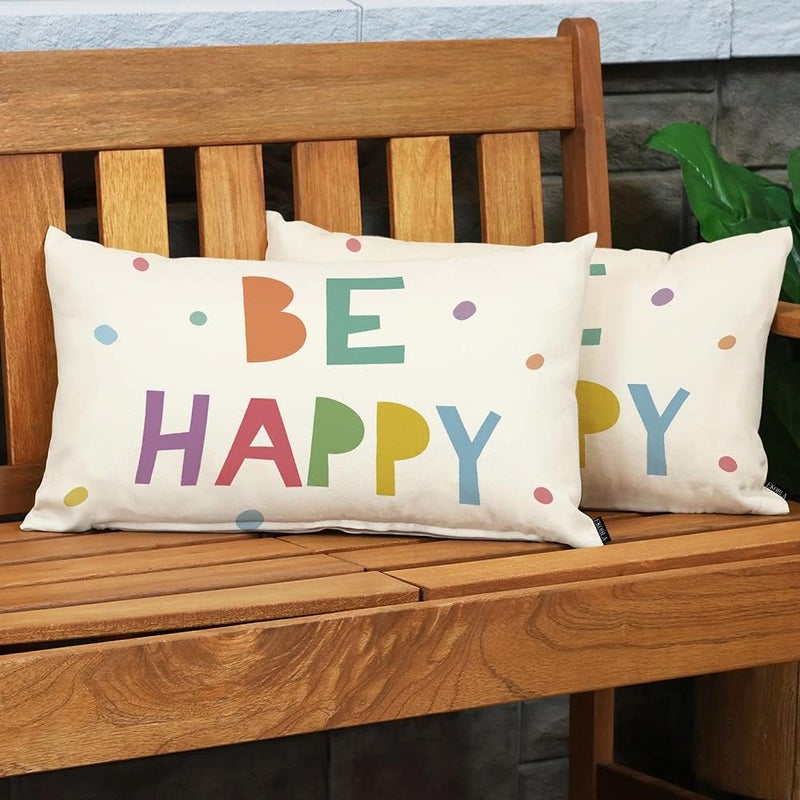 EKOBLA Be Happy Home Decorative Rectangle Pillow Cases Colorful Dots Cheerful Typography Lumbar Cotton Linen Throw Pillow Covers Cushion Case Rectangle Oblong 12x20 Inches - Image 3