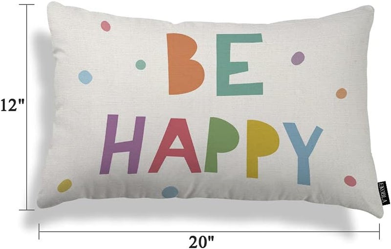 EKOBLA Be Happy Home Decorative Rectangle Pillow Cases Colorful Dots Cheerful Typography Lumbar Cotton Linen Throw Pillow Covers Cushion Case Rectangle Oblong 12x20 Inches - Image 5