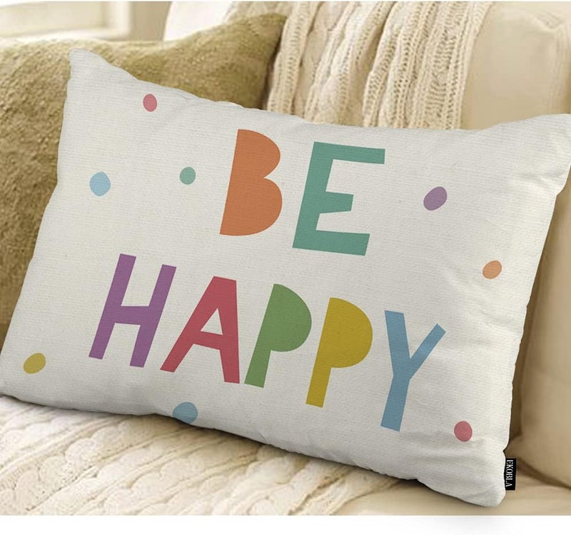EKOBLA Be Happy Home Decorative Rectangle Pillow Cases Colorful Dots Cheerful Typography Lumbar Cotton Linen Throw Pillow Covers Cushion Case Rectangle Oblong 12x20 Inches - Image 2