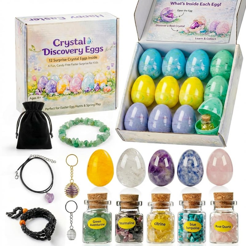 AONTESS Easter Basket Stuffers, 12PCS Prefilled Easter Eggs with Gemstone Crystals & Jewelry Set, Bracelet Necklace Keychain for Easter Egg Hunt - Image 1