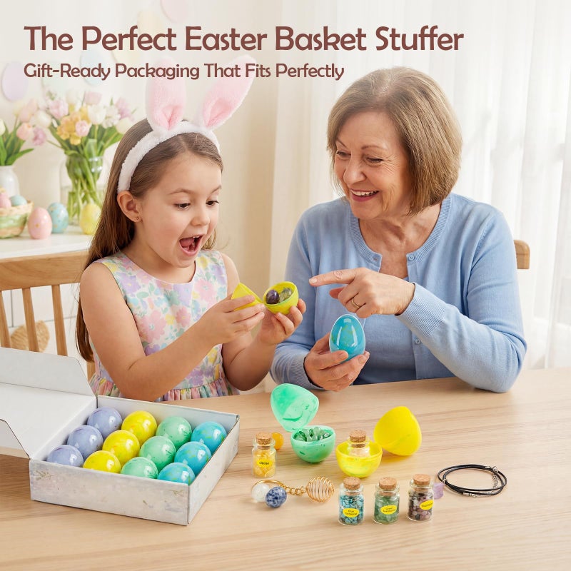 AONTESS Easter Basket Stuffers, 12PCS Prefilled Easter Eggs with Gemstone Crystals & Jewelry Set, Bracelet Necklace Keychain for Easter Egg Hunt - Image 5