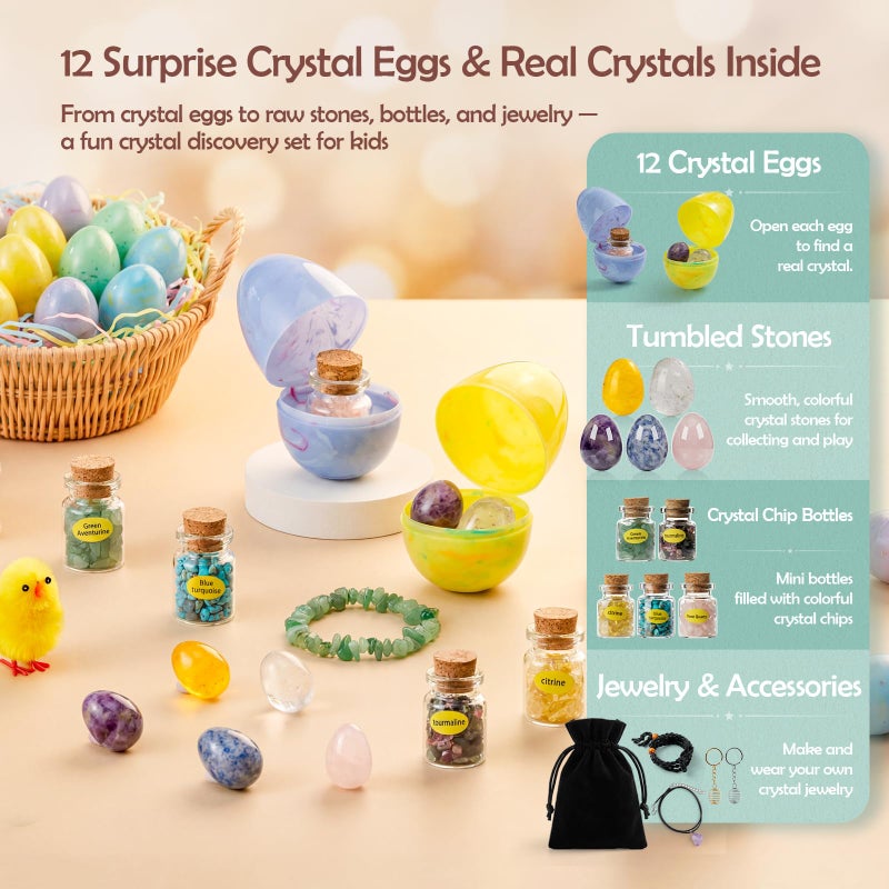 AONTESS Easter Basket Stuffers, 12PCS Prefilled Easter Eggs with Gemstone Crystals & Jewelry Set, Bracelet Necklace Keychain for Easter Egg Hunt - Image 2