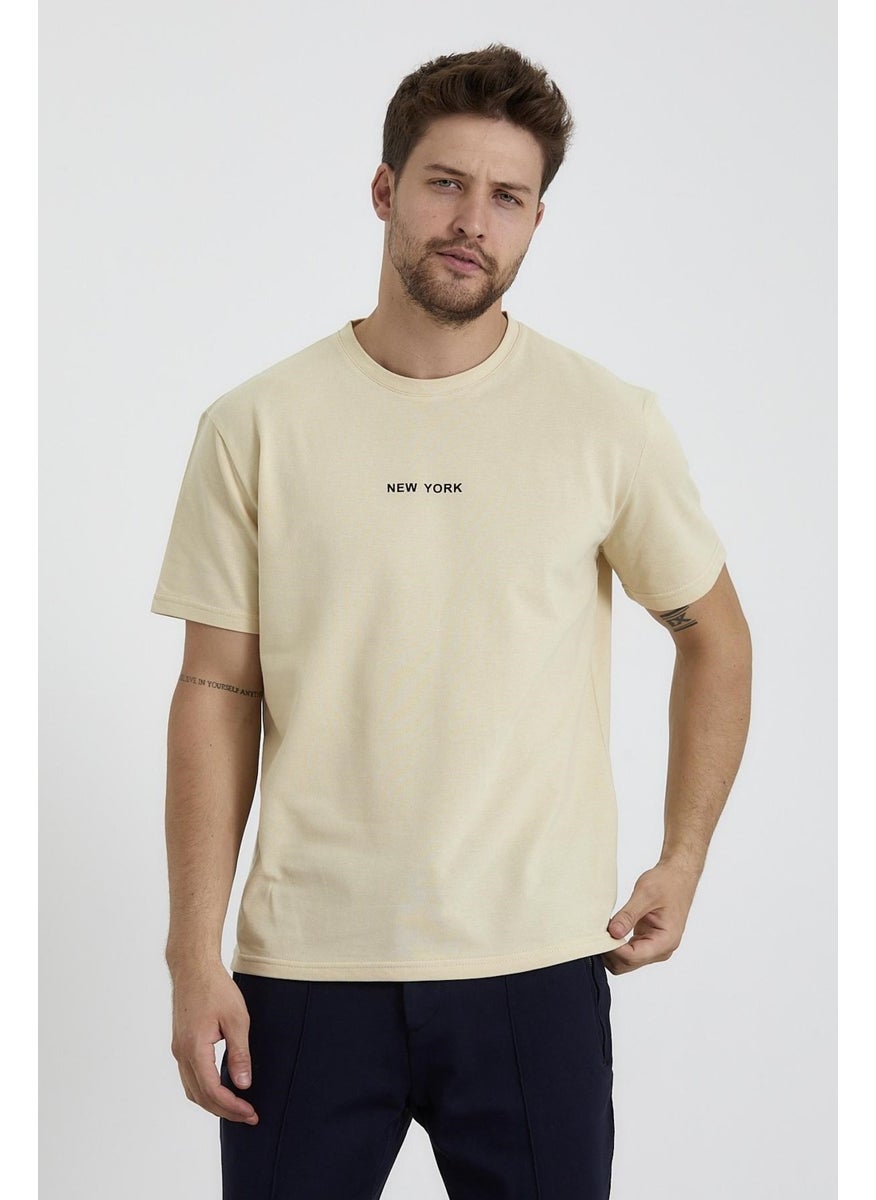 Odelon - Men's Crew Neck Comfortable Fit New York Printed T-Shirt Cream - Image 1