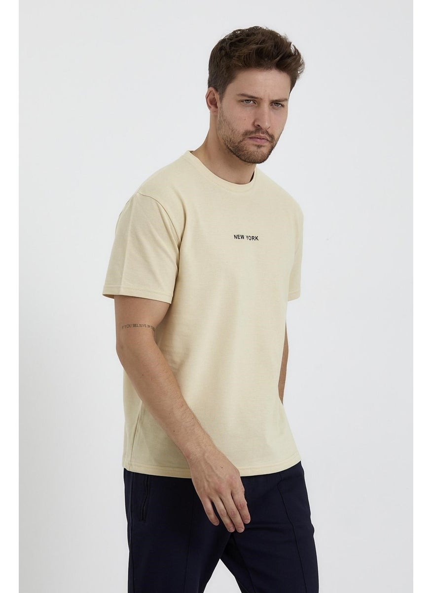Odelon - Men's Crew Neck Comfortable Fit New York Printed T-Shirt Cream - Image 1