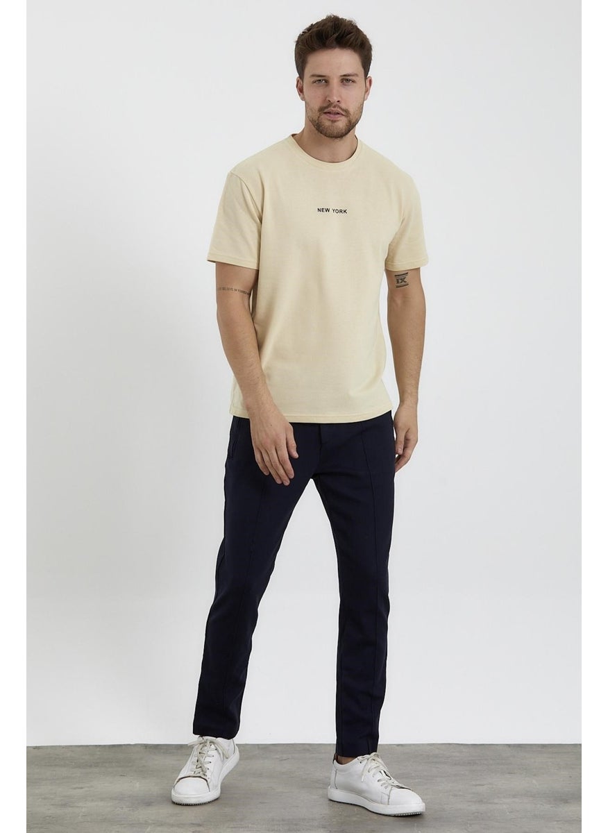 Odelon - Men's Crew Neck Comfortable Fit New York Printed T-Shirt Cream - Image 1