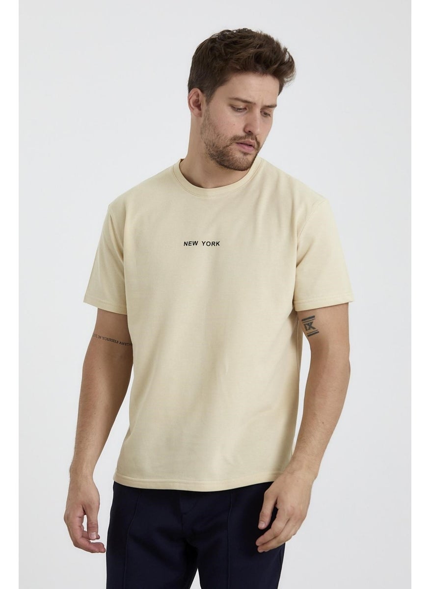 Odelon - Men's Crew Neck Comfortable Fit New York Printed T-Shirt Cream - Image 1