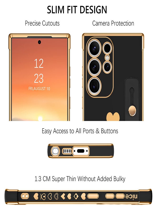 KASTWAVE For Samsung S23 Ultra Case Slim lovely Luxury Shockproof with Strap Heart Design Soft Bumper Women Men Girl Protective Phone Cover for Samsung Galaxy S23 Ultra 6.8 inch Wrist Strap Holder Black/Gold - Image 5