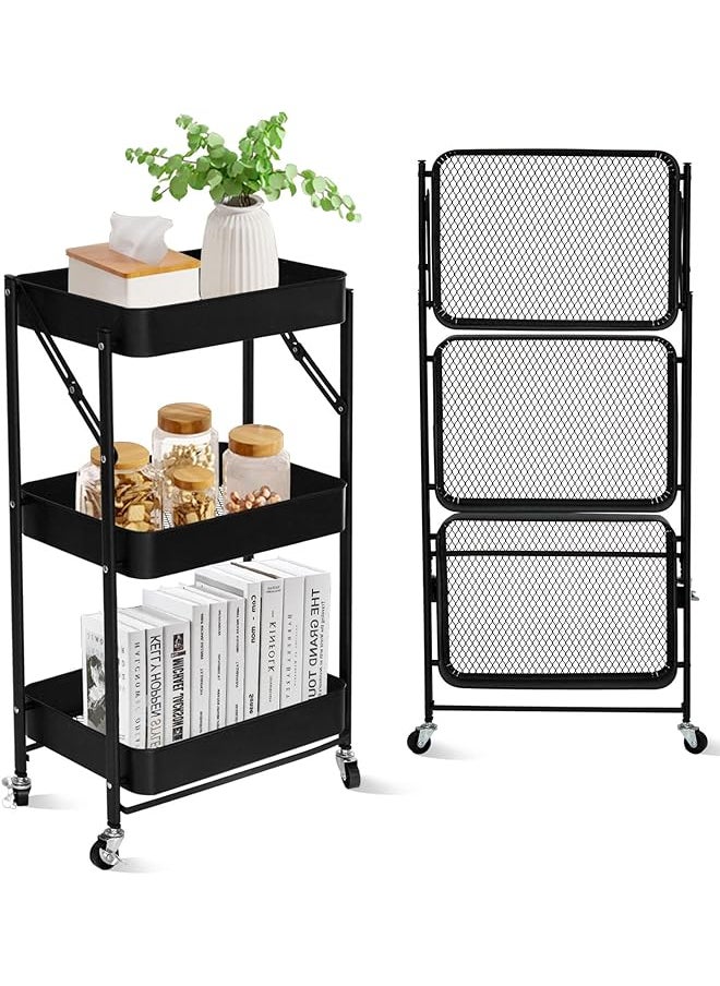 SKY-TOUCH - Tier Foldable Metal Rolling Utility Cart Organizer 46X30X76Cm Multipurpose Organizer Trolley With Casters For Kitchen Bedroom Bathroom Office Laundry Room And Garage Black - Image 1