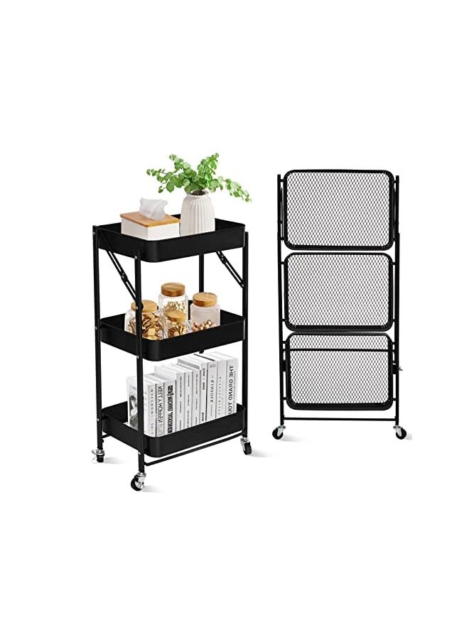 SKY-TOUCH - Tier Foldable Metal Rolling Utility Cart Organizer 46X30X76Cm Multipurpose Organizer Trolley With Casters For Kitchen Bedroom Bathroom Office Laundry Room And Garage Black - Image 1