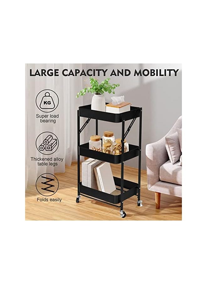 SKY-TOUCH - Tier Foldable Metal Rolling Utility Cart Organizer 46X30X76Cm Multipurpose Organizer Trolley With Casters For Kitchen Bedroom Bathroom Office Laundry Room And Garage Black - Image 1