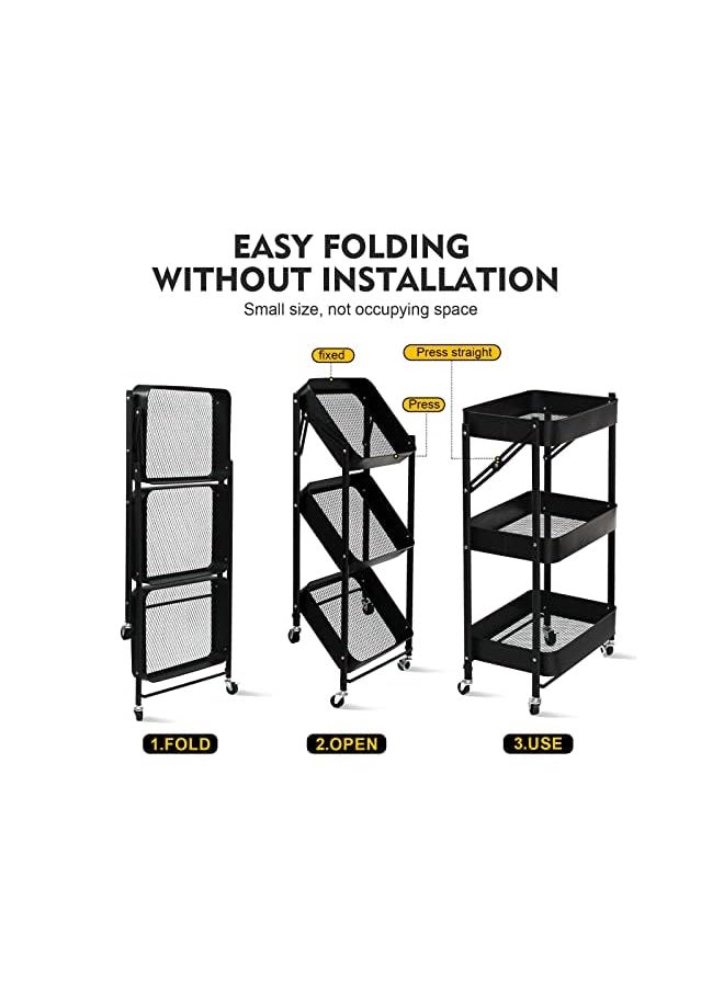 SKY-TOUCH - Tier Foldable Metal Rolling Utility Cart Organizer 46X30X76Cm Multipurpose Organizer Trolley With Casters For Kitchen Bedroom Bathroom Office Laundry Room And Garage Black - Image 1