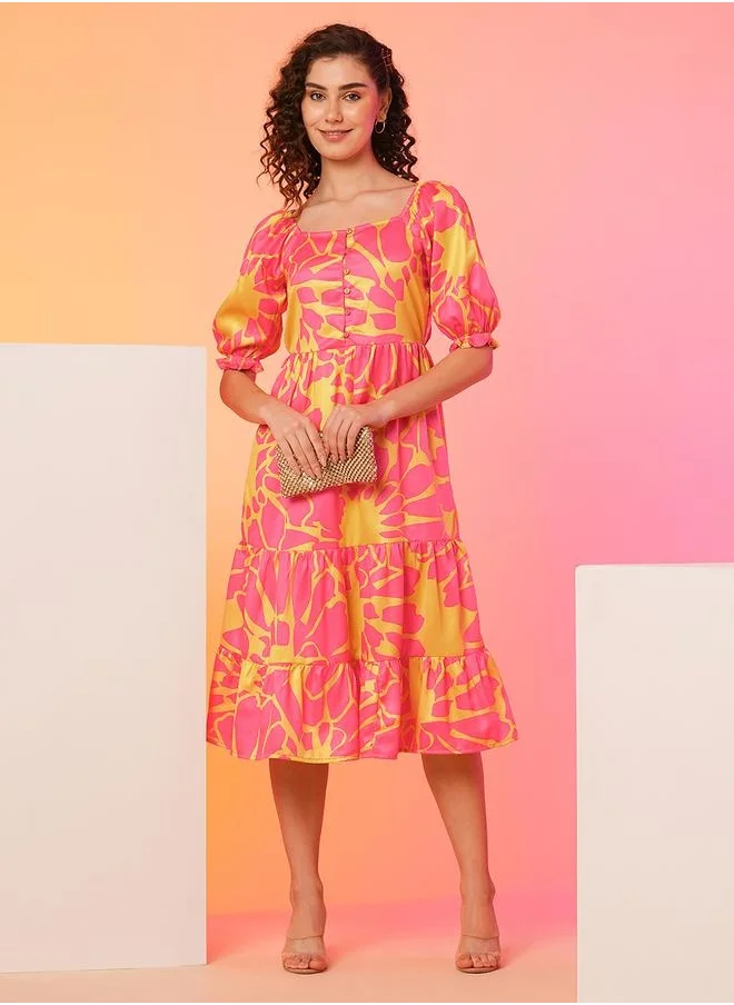 globus Globus Women Pink Floral Puff Sleeve Fit and Flare Midi Dress by Styli