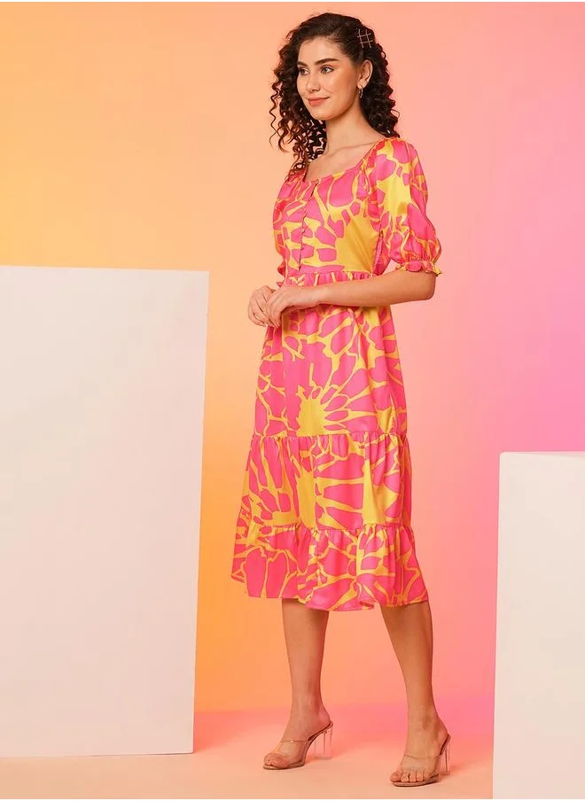 globus Globus Women Pink Floral Puff Sleeve Fit and Flare Midi Dress by Styli