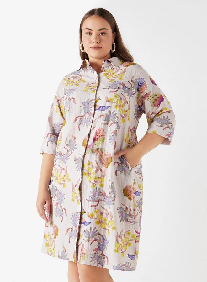 Ulla Popken Plus Size Ulla Popken Printed Shirt Dress with Pocket and 3/4 Sleeves