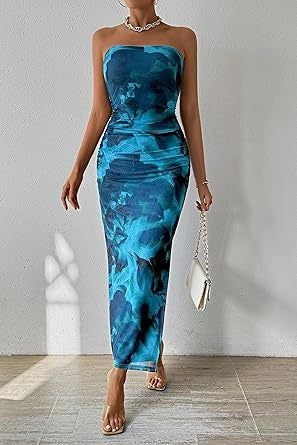 2024 Europe and the United States foreign trade cross-border womens clothing Amazon shein tube chest hem split sleeveless printed dress dark green - Image 2