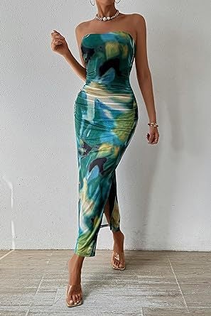 2024 Europe and the United States foreign trade cross-border womens clothing Amazon shein tube chest hem split sleeveless printed dress dark green - Image 1