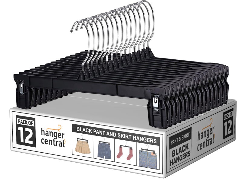 Hanger Central 12 Pack Pants Hangers 12 Inch Slim Plastic Clothes Hangers with Clips for Skirts Pants Shorts Space Saving Heavy Duty Closet Organizer with Non Slip Grip Swivel Hook Black