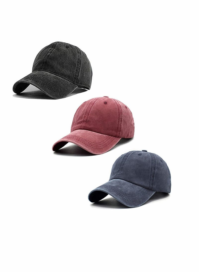 Retro Washed Adjustable Baseball Caps for Men & Women - 3 Pack Solid Color Dad Hats, Perfect for Casual Style - Image 1