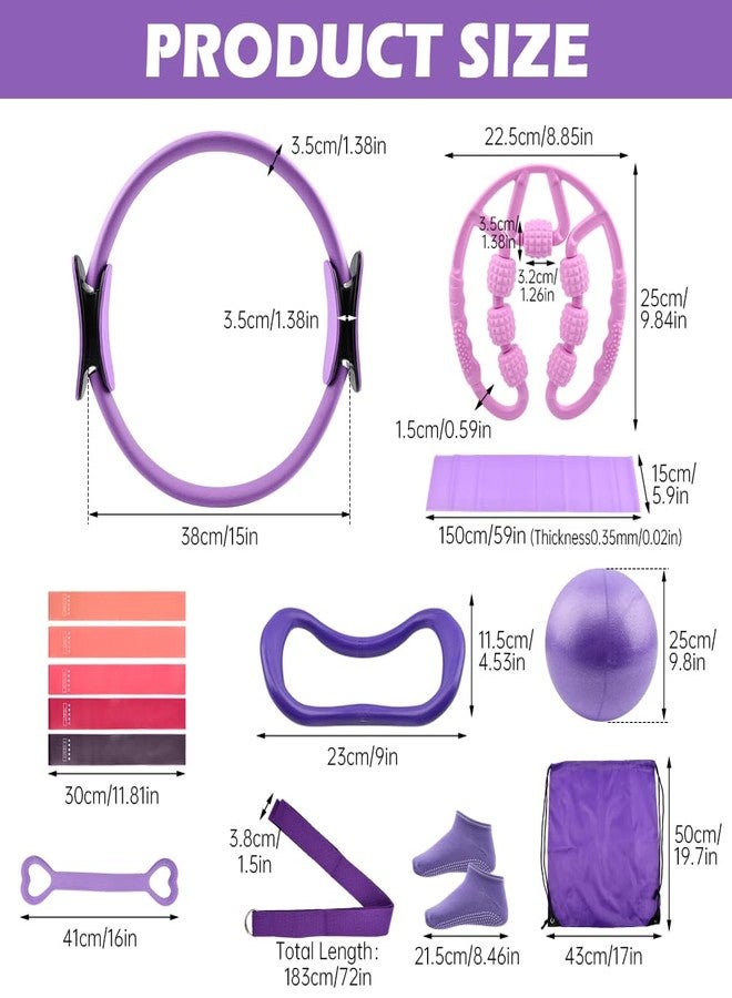 Yonderfume Pilates Essentials Kit for Women, 14 Pcs Home Workout Equipment with Pilates Circle Ball Ring Set Resistance Bands and Anti Slip Sock, Yoga Pilate Essentials Accessories(Color:Purple) - Image 2