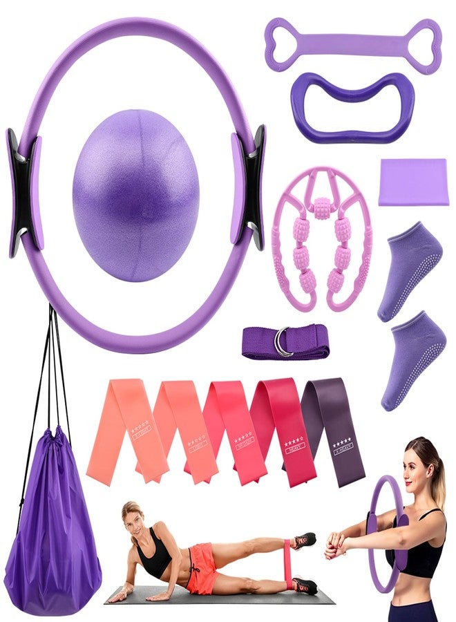 Yonderfume Pilates Essentials Kit for Women, 14 Pcs Home Workout Equipment with Pilates Circle Ball Ring Set Resistance Bands and Anti Slip Sock, Yoga Pilate Essentials Accessories(Color:Purple) - Image 1