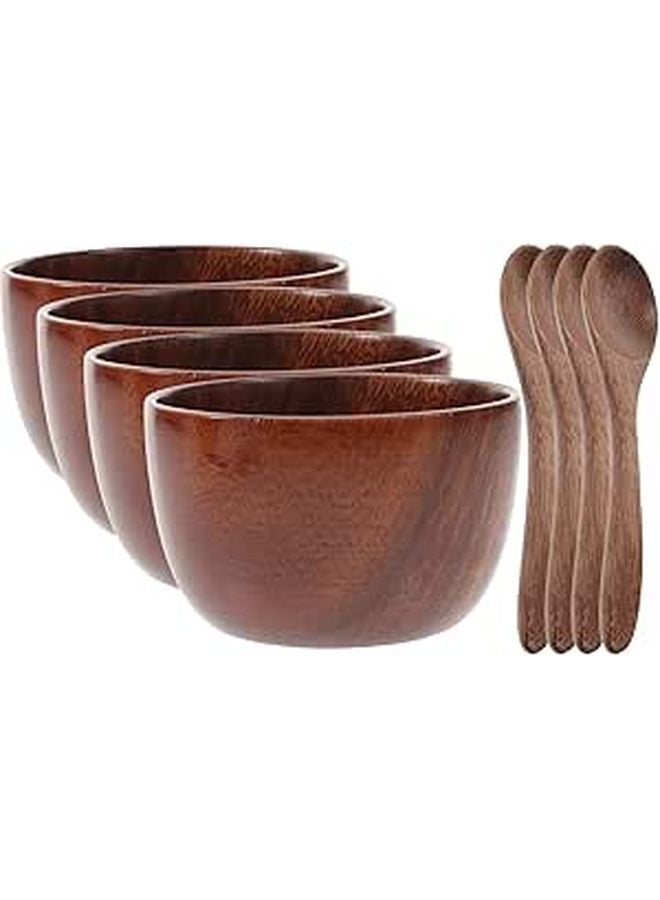 Wooden Dinner Bowl and Spoon Set 8PCS 8cm Bowls 12cm Spoons Durable Tableware - Image 1