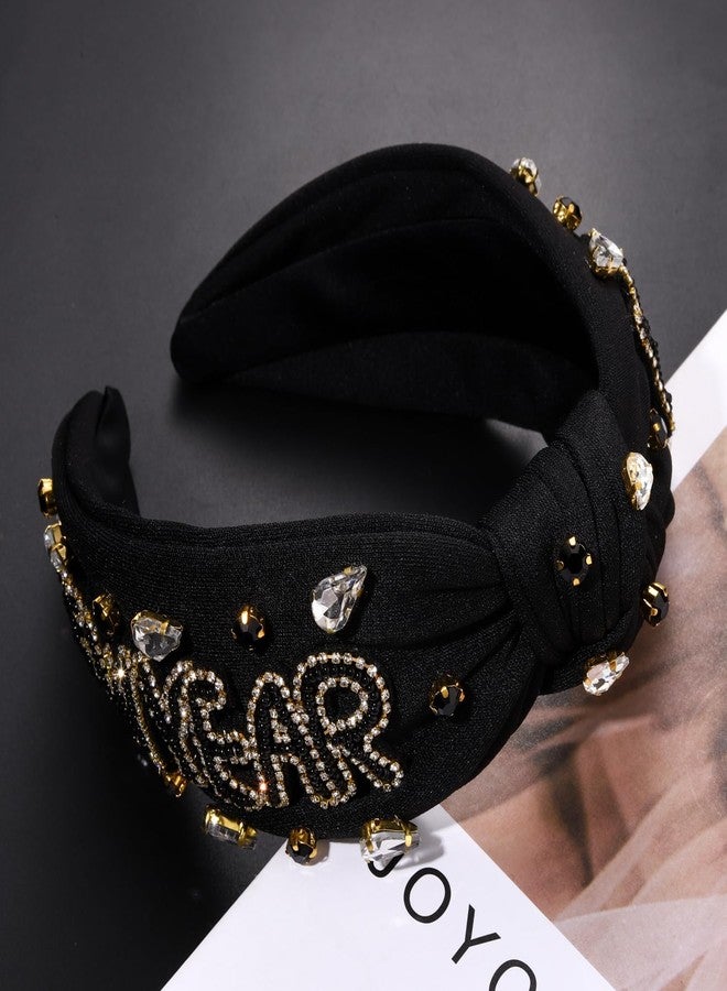 NVENF Happy New Year Headband for Women New Year’s Eve Accessories Gold Beaded NYE NEW YEAR Knotted Headband Holiday Rhinestone Jeweled Top Knot Hairband New Year Party Headwear Gifts (NEW YEAR 1) - Image 4