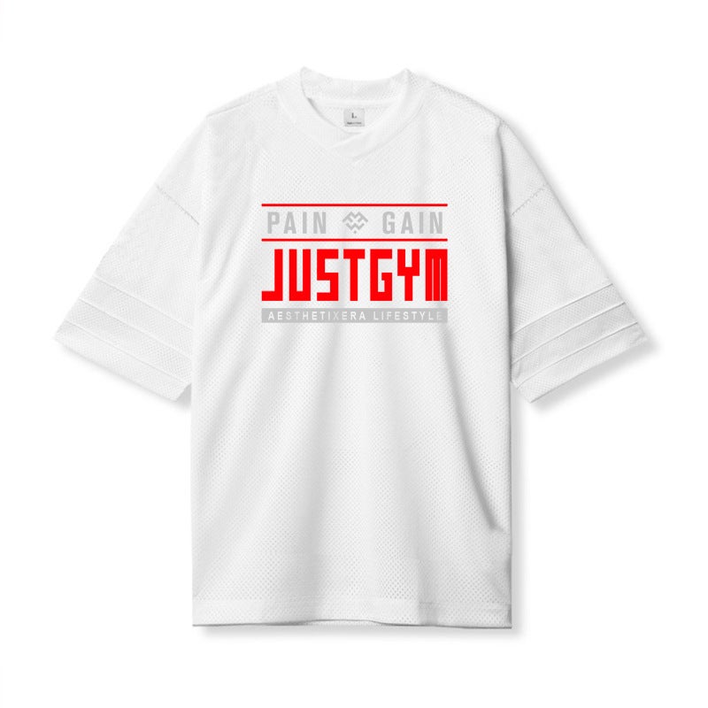 Men''s Fitness mesh breathable short sleeve men''s quick-drying basketball sports loose training half sleeve breathable printed T-shirt - Image 1