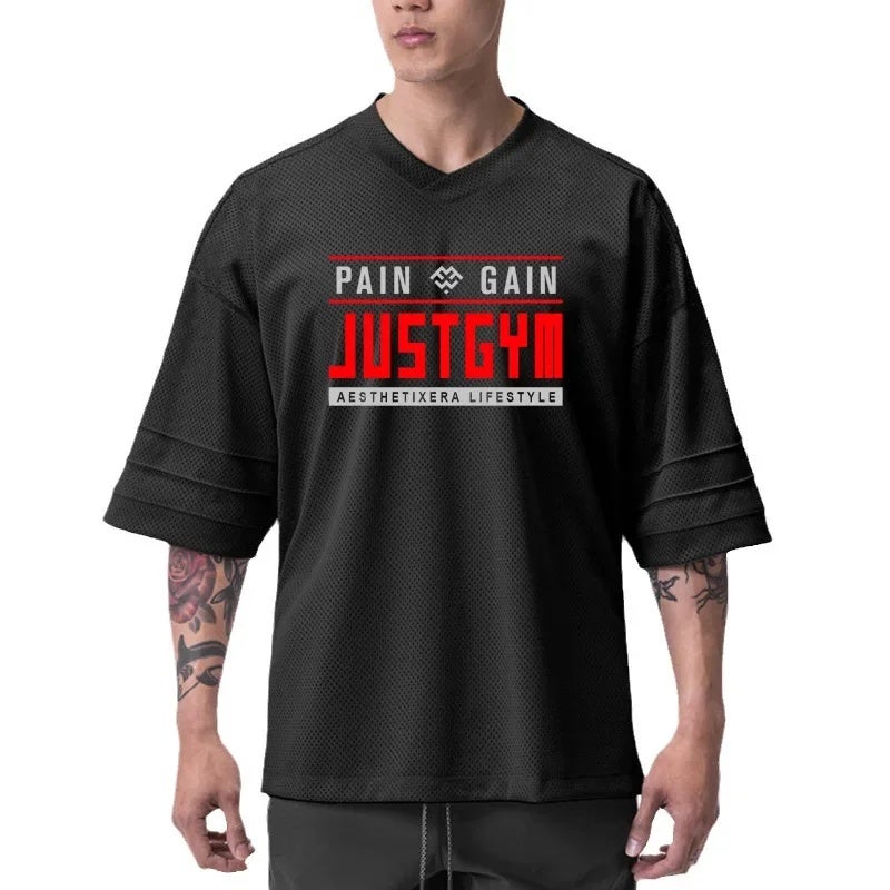 Men''s Fitness mesh breathable short sleeve men''s quick-drying basketball sports loose training half sleeve breathable printed T-shirt - Image 2